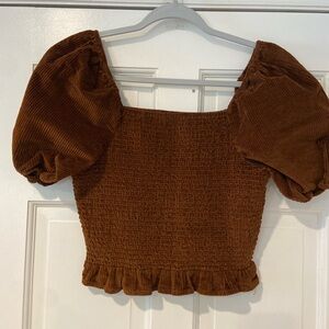 American Eagle Smocked Corduroy Puff Sleeve Crop Top Brown Size M